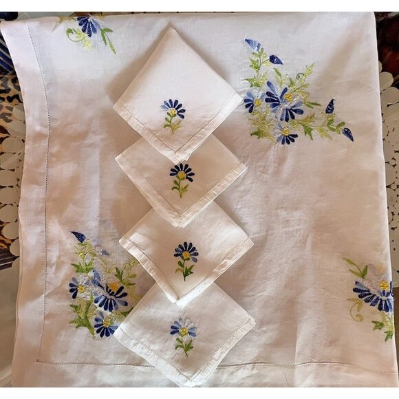 VTG Embroidered Sheer Table Cover 4 Matching Beverage Napkins Blue Green Floral - Picture 12 of 16